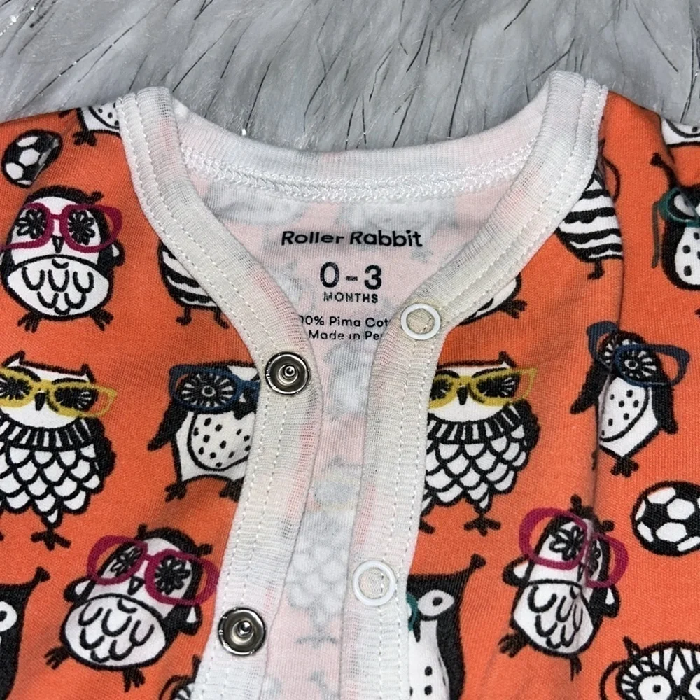 Roller Rabbit 0-3 months Orange Owl Snap Button Footie Pajama Onesie